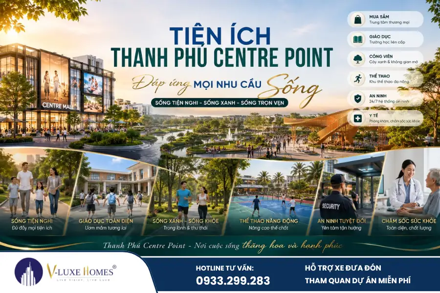 Tiện ích dự án Thanh Phú Centre Point được quy hoạch theo định hướng đô thị tích hợp, đáp ứng đầy đủ nhu cầu an cư, làm việc, vui chơi và chăm sóc sức khỏe ngay trong cùng một không gian. Hệ thống công viên, hồ bơi, trung tâm thương mại, giáo dục và thể thao được bố trí đồng bộ, giúp cư dân tận hưởng cuộc sống thuận tiện mỗi ngày.